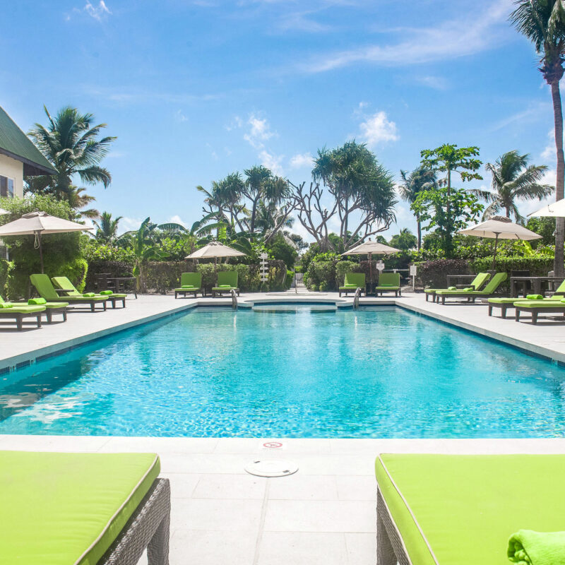 Rectangular pool with apple green chaise lounges overlooking pool deck and palm trees